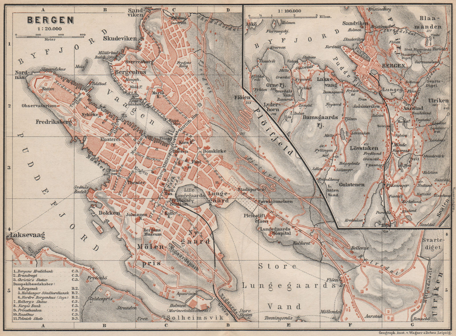 BERGEN antique town city byplan & environs. Norway kart. BAEDEKER 1899 old map